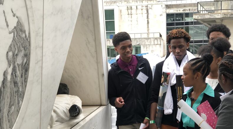 Quenyaun Payne (second from left), with Devin Etheridge, Joshua Fail, Meagan Safford, Timia Burson and Taylor Sappington at the “Ark of Return” slavery exhibit at the United Nations Headquarters in New York City. CONTRIBUTED