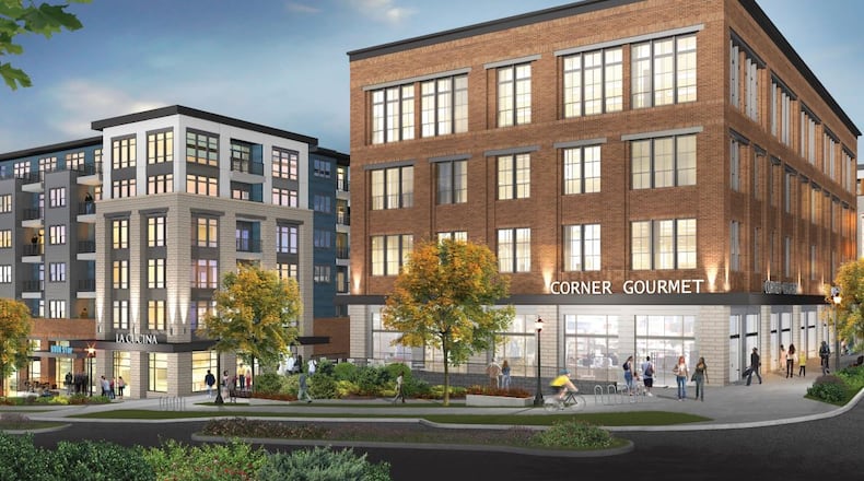 The rendering for a new mixed-use complex on West Trinity Place in Decatur, which is under construction.