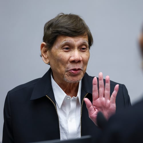 Former Philippine President Rodrigo Duterte appears before the International Criminal Court in The Hague, Netherlands, Wednesday, Sept. 16, 2026. (Piroschka van de Wouw/Pool Photo via AP)