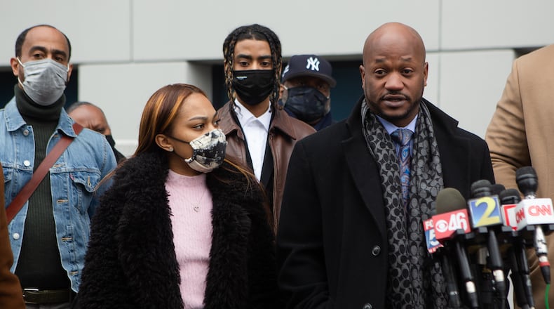 Chris Stewart, attorney for Taniyah Pilgrim (left) and the family of Rayshard Brooks, speaks during a press conference on Tuesday, February 16, 2021, outside of the Fulton County Courthouse in Atlanta. The press conference was held by the attorneys of Messiah Young and Taniyah Pilgrim, college students who were tazed by Atlanta police officers while inside their vehicle last May, and the family of Rayshard Brooks, a man shot and killed by police last June. CHRISTINA MATACOTTA FOR THE ATLANTA JOURNAL-CONSTITUTION.