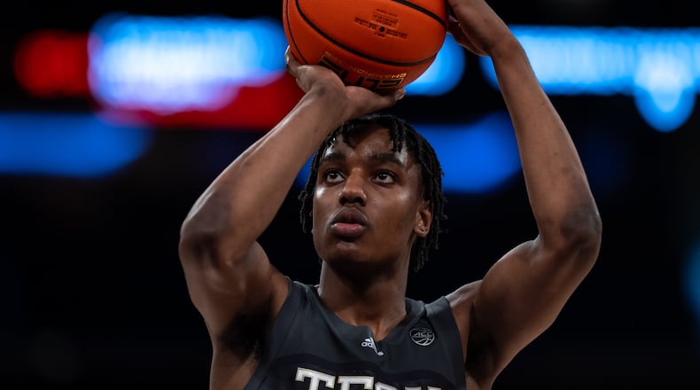 Sophomore forward Tafara Gapare of Georgia Tech shoots a free throw against Penn State at Madison Square Garden in New York on Dec. 16, 2023. (Photo by Brenden Willsch, courtesy of Georgia Tech Athletics)