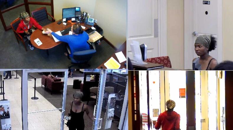 These surveillance photos show the suspect robbing a pair of banks in Marietta and Sandy Springs.