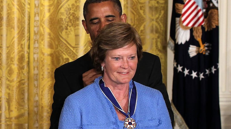 Former NCAA basketball coach Pat Summitt is presented with a Presidential Medal of Freedom by U.S. President Barack Obama during an East Room event May 29, 2012 at the White House in Washington, DC.  The Medal of Freedom, the nationâs highest civilian honor, is presented to individuals who have made especially meritorious contributions to the security or national interests of the United States, to world peace, or to cultural or other significant public or private endeavors.  (Photo by Alex Wong/Getty Images)