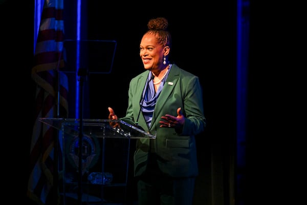 South Fulton City Manager Sharon Subadan gives an update on progress during the State of the City event and anniversary celebration ,May 1, 2025 at the Southwest Arts Center. (Daniel Varnado/For the AJC)