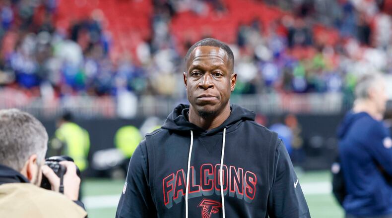 Atlanta Falcons head coach Raheem Morris leaves the field after the game, following the Seattle Seahawks’ 37-9 win at Mercedes-Benz Stadium in Atlanta on Sunday, Dec. 7, 2025. (Miguel Martinez/AJC)