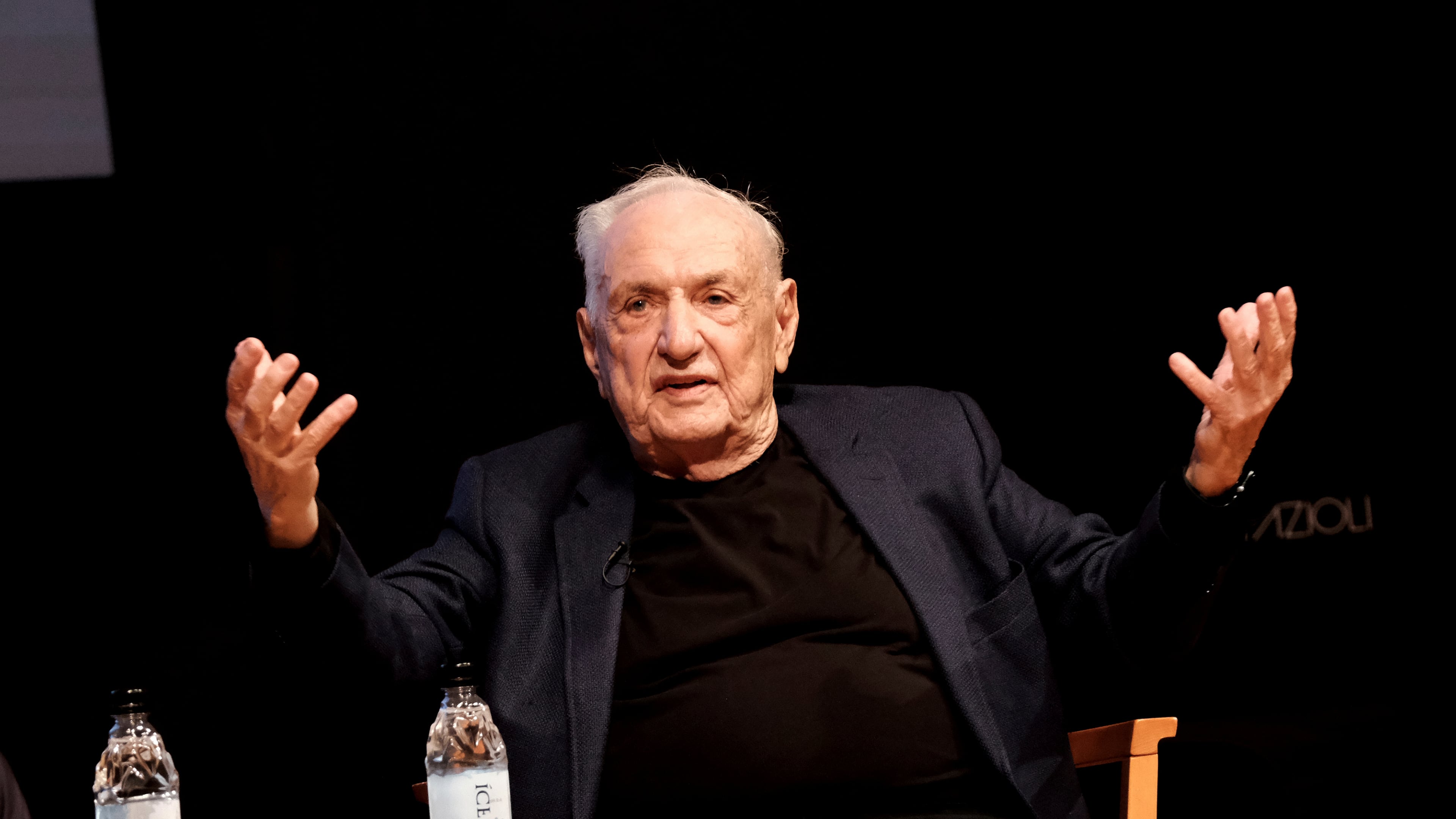 FILE - Architect Frank Gehry describes his concert hall design at the Colburn School during an unveiling in downtown Los Angeles on Wednesday, March 16, 2022. (AP Photo/Richard Vogel, File)