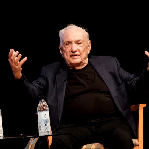FILE - Architect Frank Gehry describes his concert hall design at the Colburn School during an unveiling in downtown Los Angeles on Wednesday, March 16, 2022. (AP Photo/Richard Vogel, File)