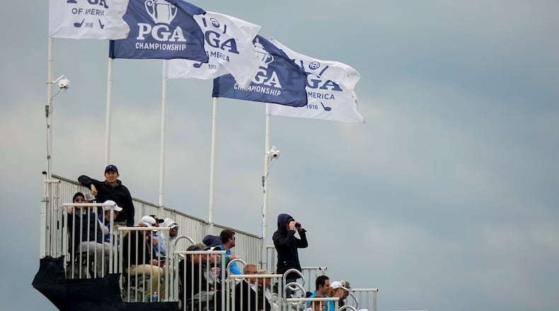 Fans watch on the seventh hole during the second round of the PGA Championship golf tournament at Aronimink Golf Club, Friday, May 15, 2026, in Newtown Square, PA. (AP Photo/Frank Franklin II)