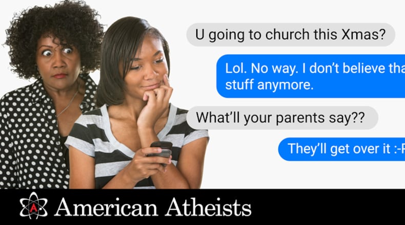 This billboard, one of two erected mostly around the South this month by American Atheists, is aimed at encouraging atheists and other nonbelievers to celebrate an “atheist Christmas” by skipping church this year. Photo courtesy of American Atheists