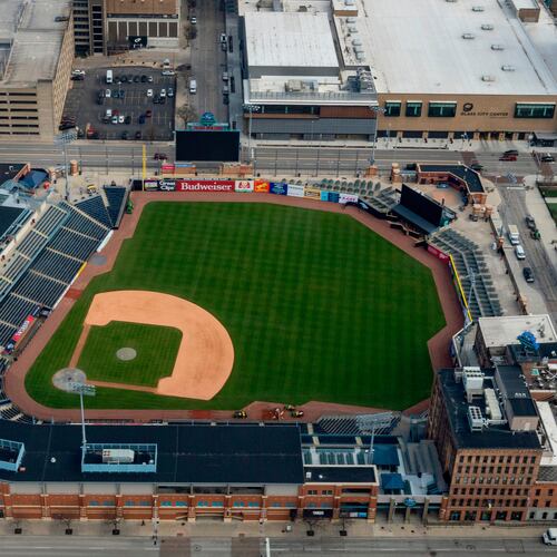 FILE - Ariel view of Fifth Third Field, home to the Toledo Mud Hens minor league baseball team, on March 13, 2024, in Toledo, Ohio. (Jeremy Wadsworth/The Blade via AP, File)