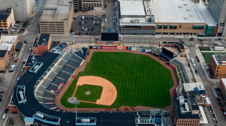 FILE - Ariel view of Fifth Third Field, home to the Toledo Mud Hens minor league baseball team, on March 13, 2024, in Toledo, Ohio. (Jeremy Wadsworth/The Blade via AP, File)