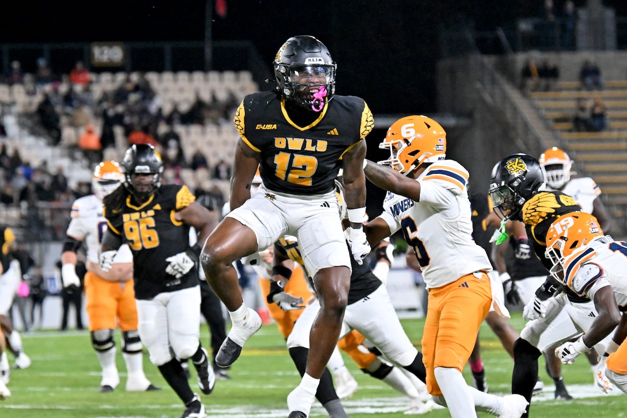 Kennesaw State defensive back Kody Jones (12) reacts during the first half in an NCAA college football game at Fifth Third Stadium, Tuesday, October 28, 2025 in Kennesaw. (Hyosub Shin / AJC)