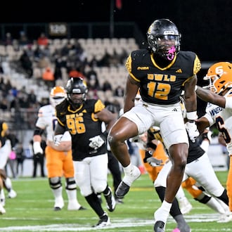 Kennesaw State defensive back Kody Jones (12) reacts during the first half in an NCAA college football game at Fifth Third Stadium, Tuesday, October 28, 2025 in Kennesaw. (Hyosub Shin / AJC)