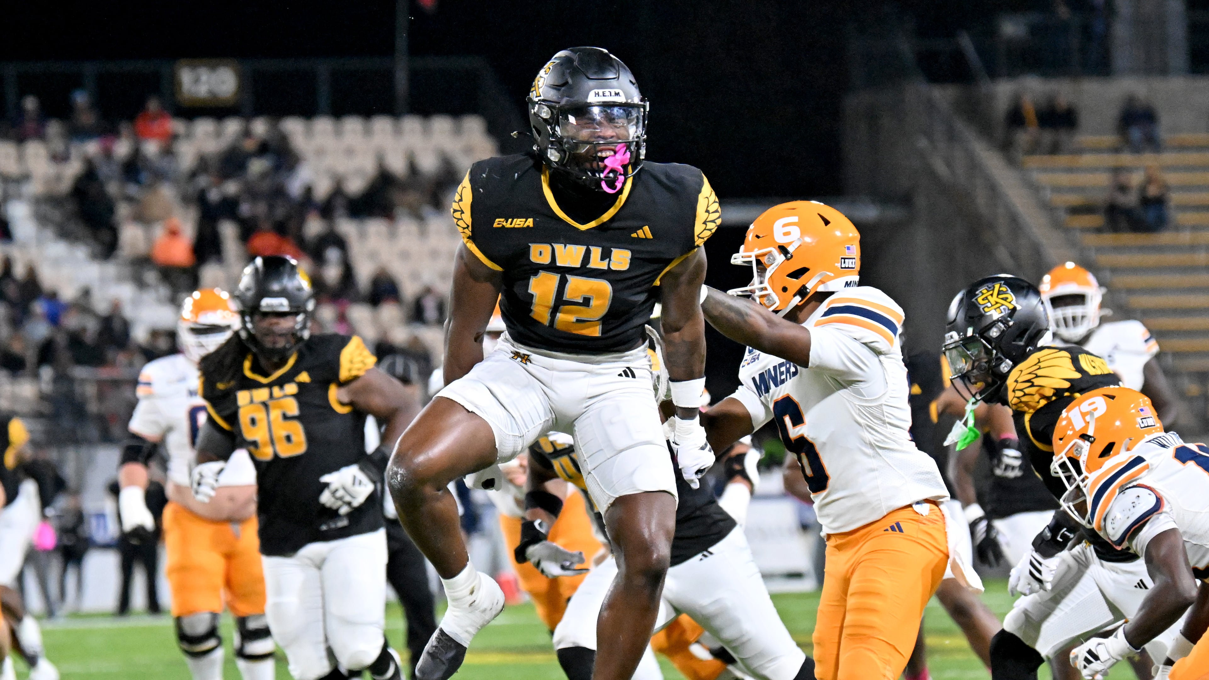 Kennesaw State defensive back Kody Jones (12) reacts during the first half in an NCAA college football game at Fifth Third Stadium, Tuesday, October 28, 2025 in Kennesaw. (Hyosub Shin / AJC)