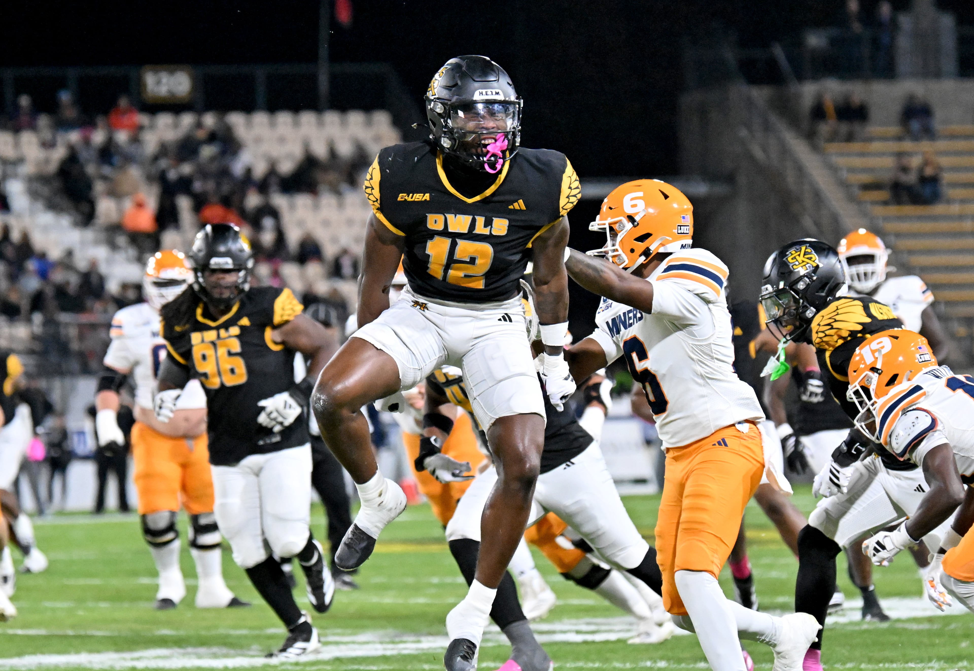 Kennesaw State defensive back Kody Jones (12) reacts during the first half in an NCAA college football game at Fifth Third Stadium, Tuesday, October 28, 2025 in Kennesaw. (Hyosub Shin / AJC)