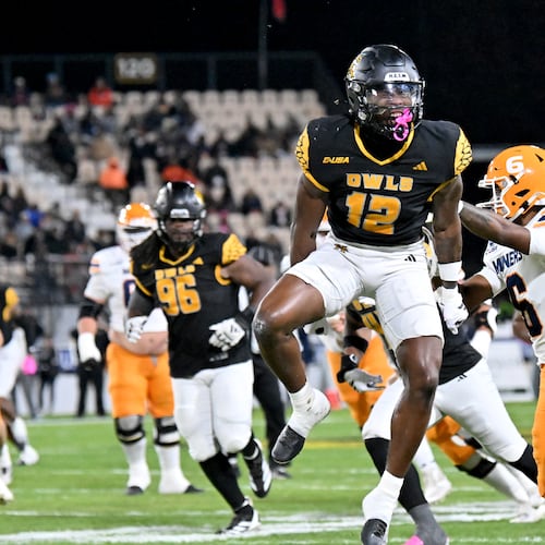 Kennesaw State defensive back Kody Jones (12) reacts during the first half in an NCAA college football game at Fifth Third Stadium, Tuesday, October 28, 2025 in Kennesaw. (Hyosub Shin / AJC)