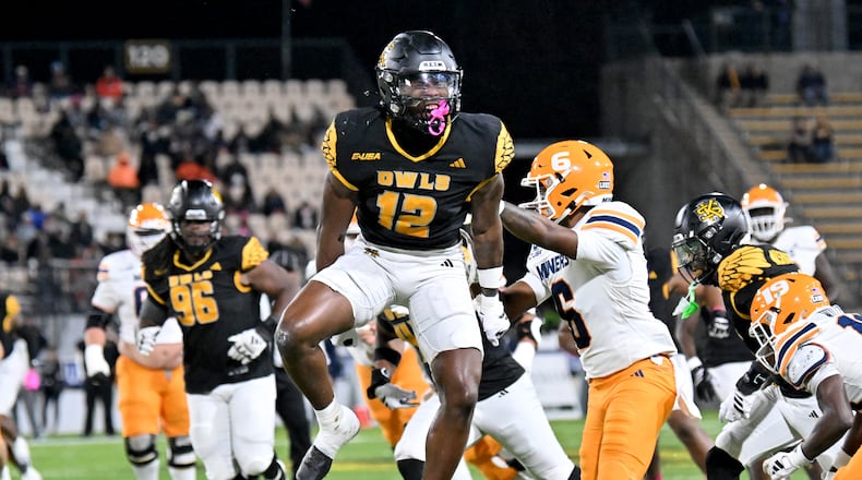 Kennesaw State defensive back Kody Jones (12) reacts during the first half in an NCAA college football game at Fifth Third Stadium, Tuesday, October 28, 2025 in Kennesaw. (Hyosub Shin / AJC)