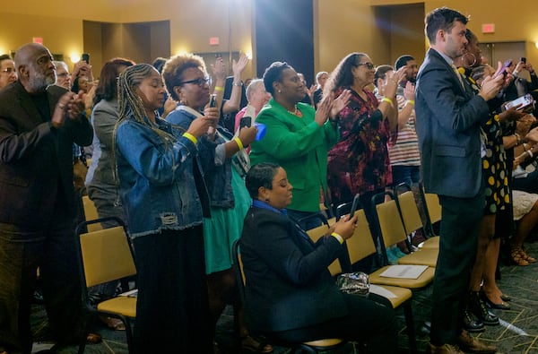 House Minority Leader Hakeem Jeffries Reeves receives a standing ovation during a healthcare town hall with US Rep Troy Carter at Xavier University in New Orleans, Thursday, July 10, 2025. (John McCusker/The Times-Picayune/The New Orleans Advocate via AP)