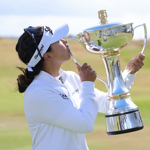 Jenny Shin of South Korea celebrates winning the 2026 ISPS HANDA Women's Scottish Open at Dundonald Links, Ayrshire, Sunday July 26, 2026. (Steve Welsh/PA via AP)