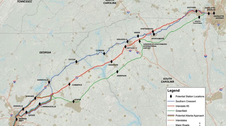 The Georgia Department of Transportation and the Federal Railroad Administration have studied three potential routes for an Atlanta-to-Charlotte, N.C., high-speed rail line.