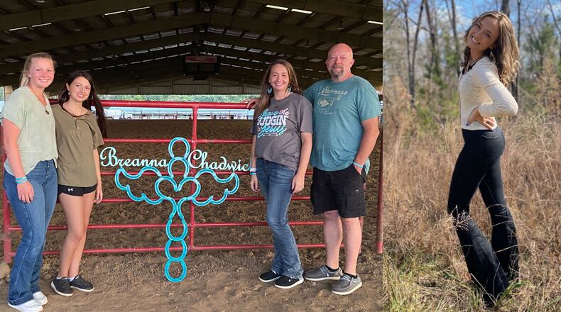 The teal cross made from horseshoes was designed soon after Breanna Chadwick (right) was killed. It sits at the Murray County Saddle Club arena where she was fatally struck in 2022. From left: Friend Gracie Mixson, sister Kirsten Chadwick, mother Kristy Chadwick and father Heath Chadwick.