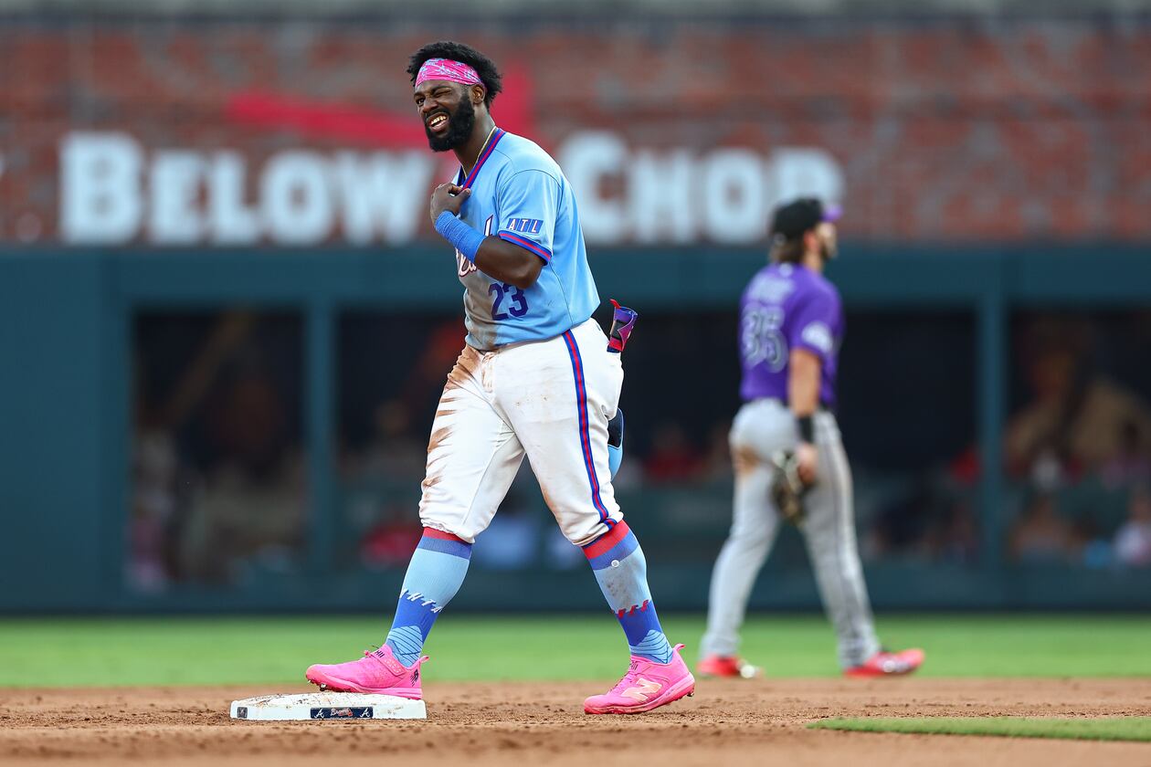 Atlanta Braves' Michael Harris II reacts after hitting a 2-RBI double in the eighth inning of a baseball game against the Colorado Rockies, Saturday, Aug. 29, 2026, in Atlanta. (AP Photo/Colin Hubbard)