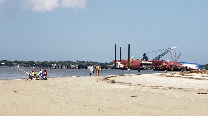 The capsized Golden Ray, which has been beached on its side since Sept. 8, 2019, can be seen from Jekyll Island. GEORGE MATHIS/AJC