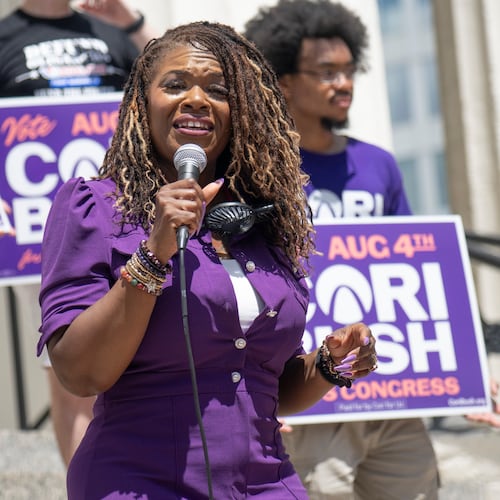 Former Rep. Cori Bush, D-Mo., speaks during a campaign rally on Saturday, July 18, 2026, in St. Louis. (AP Photo/Michael Thomas)