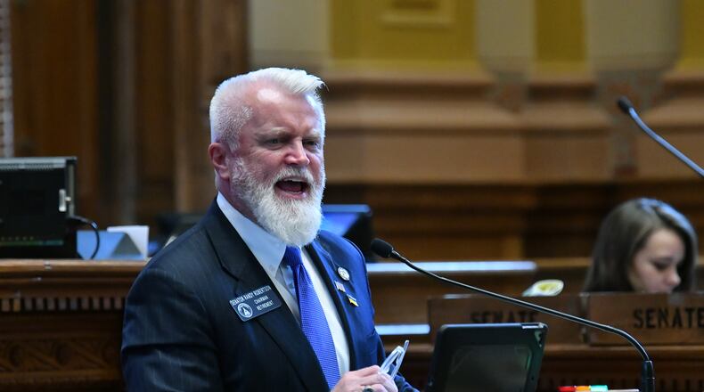 March 15, 2022 Atlanta - Senator Randy Robertson (R-Cataula) introduces SB 171 in the Senate Chambers at the Georgia State Capitol on Tuesday, March 15, 2022. Senate Bill 171 would increase the penalties for crimes such as blocking a highway, assaulting someone or damaging property if it involves groups of two or more. (Hyosub Shin / Hyosub.Shin@ajc.com)