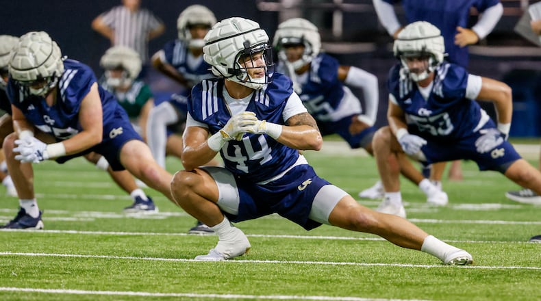 Georgia Tech linebacker Kyle Efford (44) is seen performing a stretch during the second day of football practice at the Brock Indoor Practice Facility on Thursday, July 25, 2024, in Atlanta.
(Miguel Martinez / AJC)