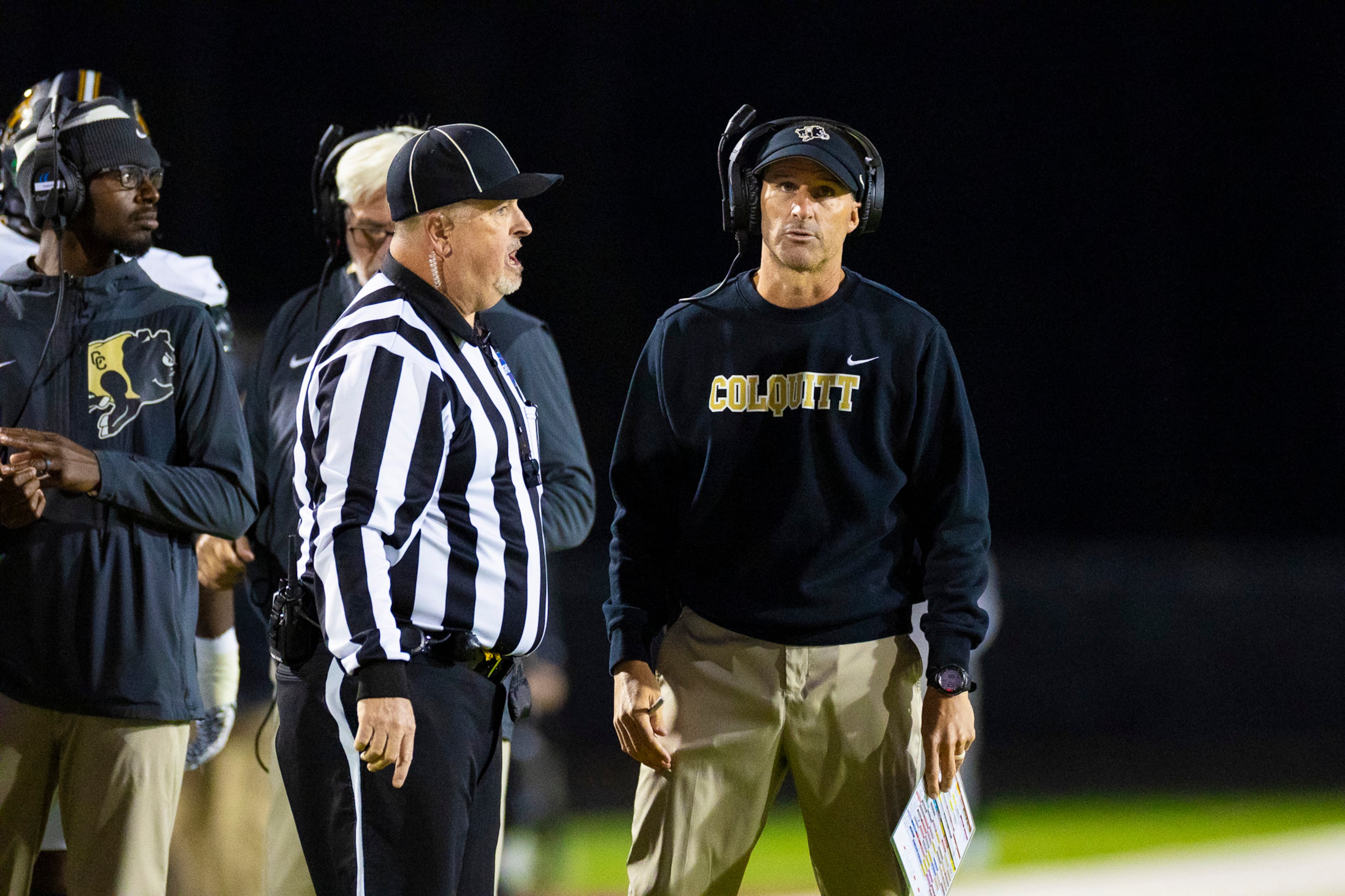 Colquitt County head coach Sean Calhoun talks to the referee during the first half against Mill Creek at Mill Creek Community Stadium, Friday, Nov. 14, 2025, in Hoschton, Ga. (Oscar Guevara Saenz for the AJC)