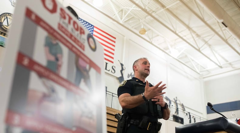 Marietta Police Maj. Jake King speaks during an active-shooter seminar at Marietta High School on Monday, Feb. 26, 2018, in Marietta, Ga. BRANDEN CAMP/SPECIAL