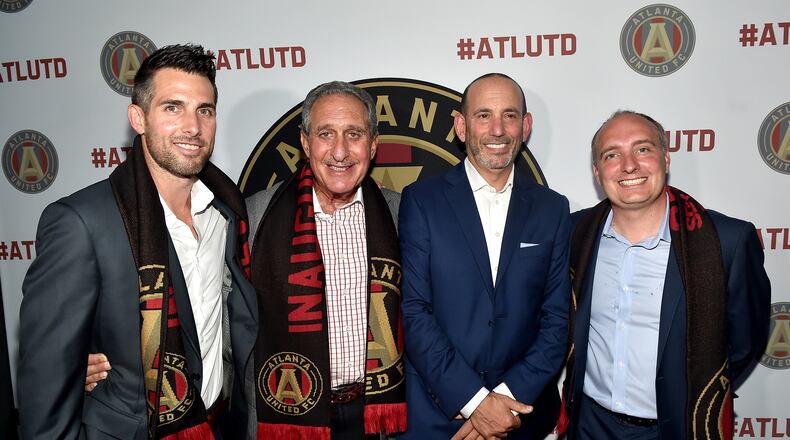 ATLANTA, GA - JULY 07:  (L-R) Former professional soccer player Carlos Bocanegra, MLS Atlanta owner Arthur Blank, Commissioner of MLS Don Garber, and former professional soccer player Darren Eales attend the MLS Atlanta Launch Event at SOHO on July 7, 2015 in Atlanta, Georgia.  (Photo by Paras Griffin/Getty Images for MLS Atlanta)