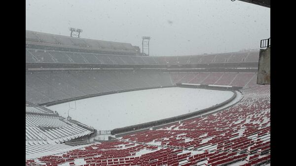 Sanford Stadium on the University of Georgia's campus in Athens is covered in snow on Jan. 10, 2025. (Fletcher Page/AJC)