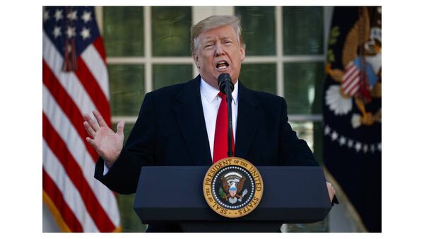 President Donald Trump speaks in the Rose Garden of the White House, Friday, Jan 25, 2019, in Washington.  