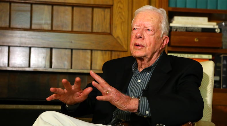 Jimmy Carter discusses his role in his grandson Jason Carter's gubernatorial campaign on Monday, July 14, 2014, in Plains. CURTIS COMPTON / CCOMPTON@AJC.COM In this 2014 photo, Jimmy Carter discusses his role in his grandson Jason Carter's gubernatorial campaign. Curtis Compton, ccompton@ajc.com