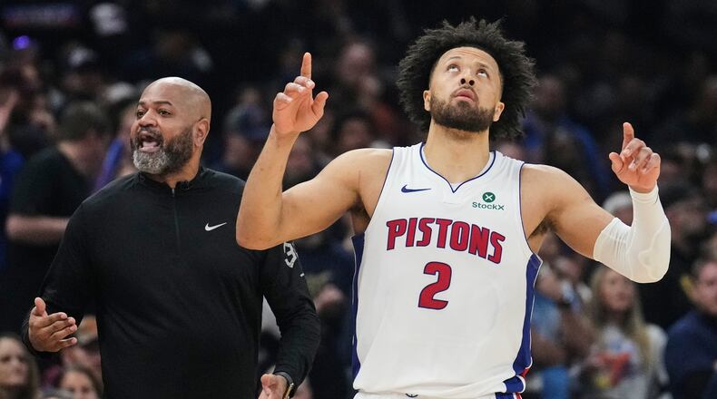 Cleveland Cavaliers guard Max Strus (2) gestures as he comes back into the game in the second half of Game 6 of a second-round NBA basketball playoffs series against the Cleveland Cavaliers, Friday, May 15, 2026, in Cleveland. (AP Photo/Sue Ogrocki)