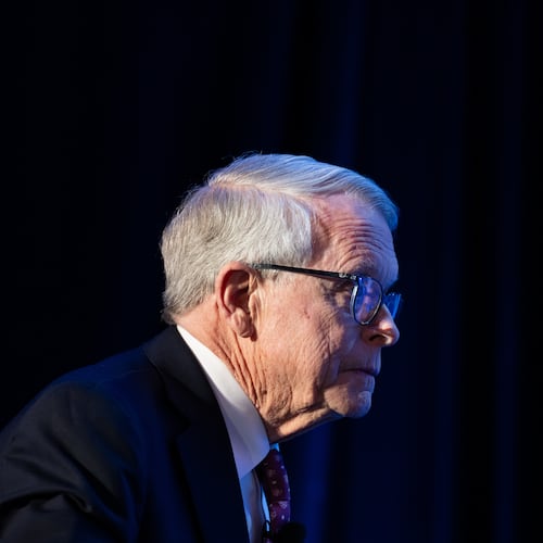 FILE - Gov. Mike DeWine, R-Ohio, arrives to an event at the National Governors Association Winter Meeting on Feb. 19, 2026, in Washington. (AP Photo/Allison Robbert, File)