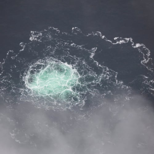 FILE - This photo provided by Swedish Coast Guard shows a leak from Nord Stream 2 on Sept. 28, 2022. (Swedish Coast Guard via AP, File)