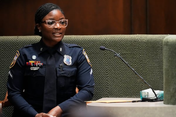 Memphis Police Officer Rodresha Mackey testifies during the trial of three former police officers accused in the 2023 fatal beating of Tyre Nichols, Wednesday, April 30, 2025, in Memphis, Tenn. (AP Photo/George Walker IV, Pool)