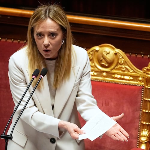 Italy's Prime Minister Giorgia Meloni addresses the Senate regarding the conflict in Iran and the Gulf region, in Rome, Wednesday, March 11, 2026. (AP Photo/Alessandra Tarantino)