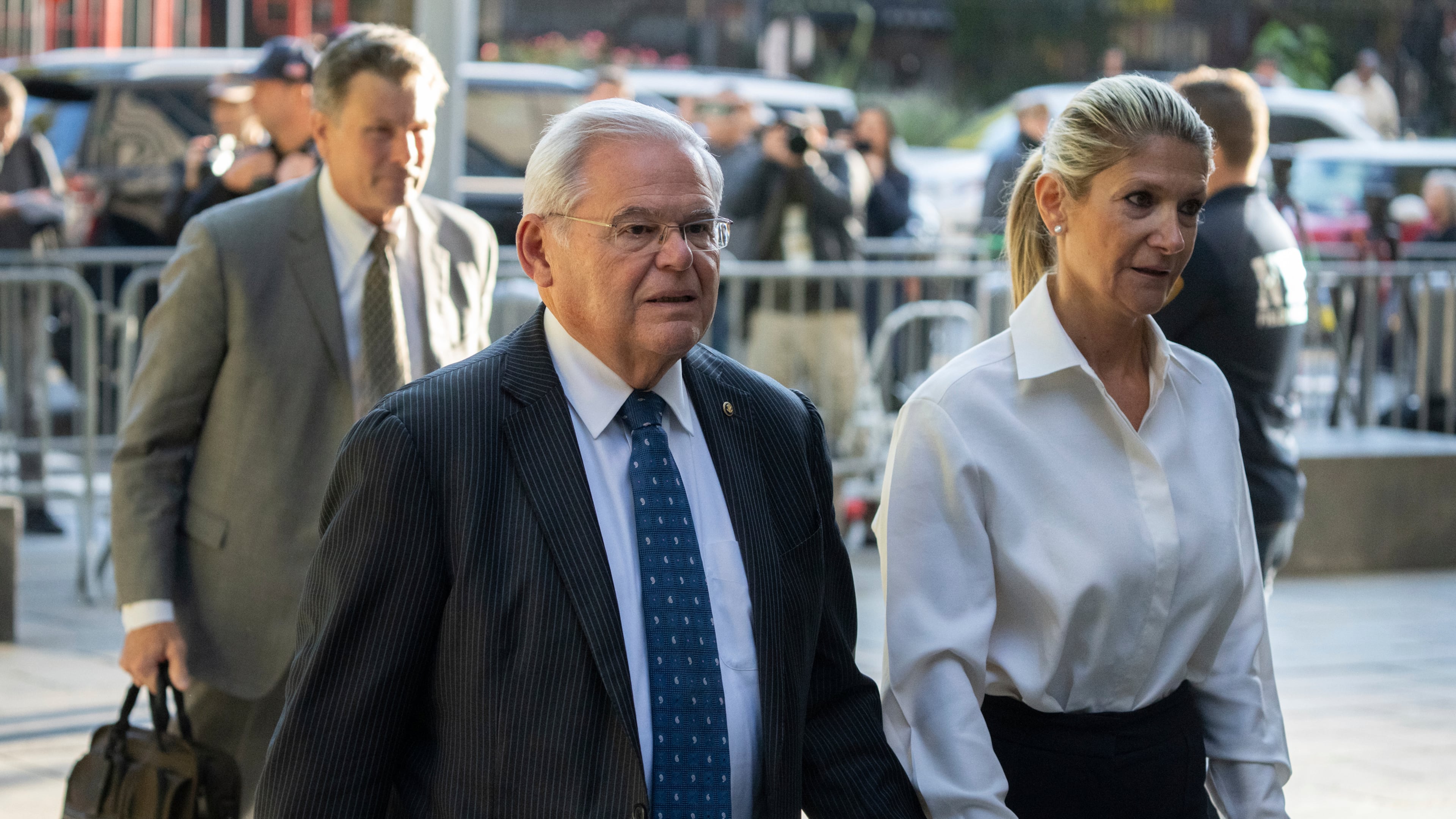 FILE - Democratic U.S. Sen. Bob Menendez of New Jersey, left, and his wife, Nadine Menendez, arrive at the federal courthouse in New York, Sept. 27, 2023. (AP Photo/Jeenah Moon, File)