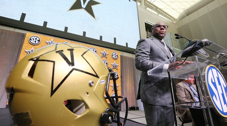 Vanderbilt coach Derek Mason holds his SEC Media Days news conference at the College Football Hall of Fame on Thursday, July 19, 2018, in Atlanta.  Curtis Compton/ccompton@ajc.com