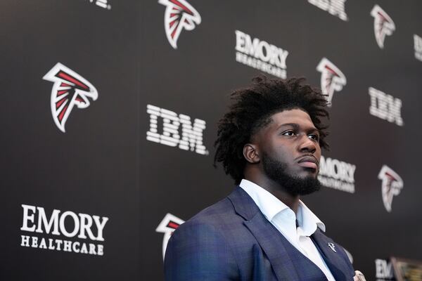 Atlanta Falcons first-round draft pick Jalon Walker speaks during a news conference, Friday, April 25, 2025, in Flowery Branch, Ga. (AP Photo/Brynn Anderson,)