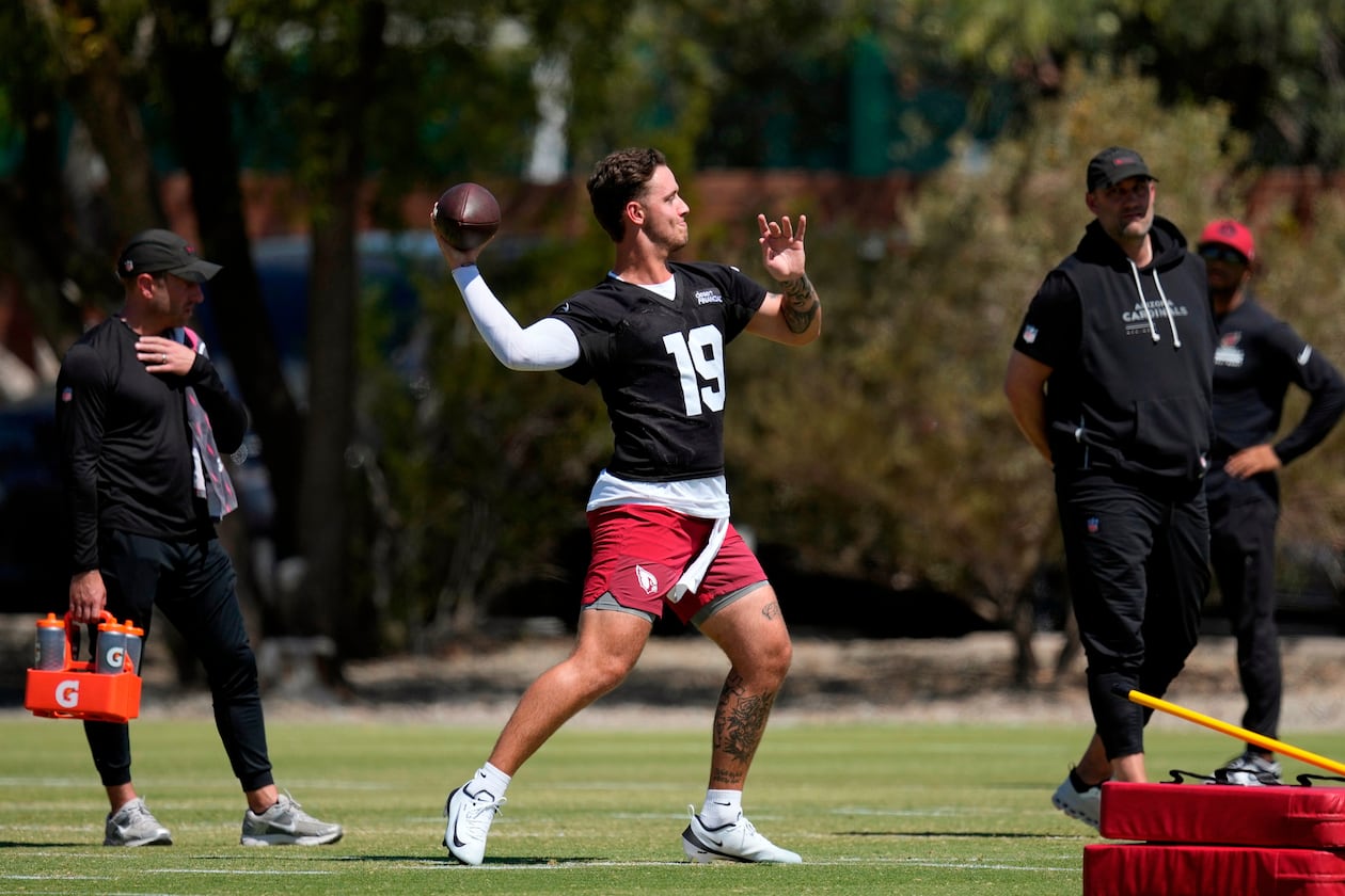 Cardinals quarterback Carson Beck throws during the team’s rookie minicamp on Friday, May 8, 2026, in Tempe, Ariz. Beck has opened to mixed reviews after being selected in the NFL draft. (Ross D. Franklin/AP)