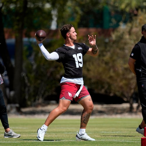 Cardinals quarterback Carson Beck throws during the team’s rookie minicamp on Friday, May 8, 2026, in Tempe, Ariz. Beck has opened to mixed reviews after being selected in the NFL draft. (Ross D. Franklin/AP)