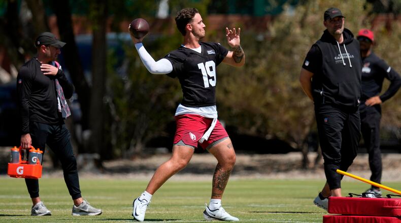 Cardinals quarterback Carson Beck throws during the team’s rookie minicamp on Friday, May 8, 2026, in Tempe, Ariz. Beck has opened to mixed reviews after being selected in the NFL draft. (Ross D. Franklin/AP)