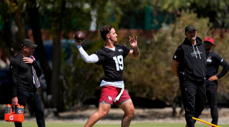 FILE - Arizona Cardinals quarterback Carson Beck (19) throws during the NFL football team's rookie minicamp on May 8, 2026, in Tempe, Ariz. (AP Photo/Ross D. Franklin, File)