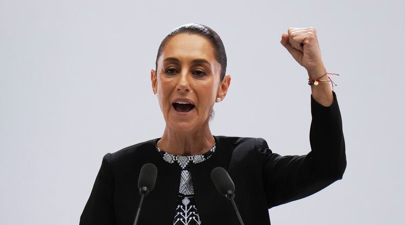 FILE - Mexican President Claudia Sheinbaum speaks at her first state-of-the-nation address at the National Palace in Mexico City, Sept. 1, 2025. (AP Photo/Eduardo Verdugo, File)