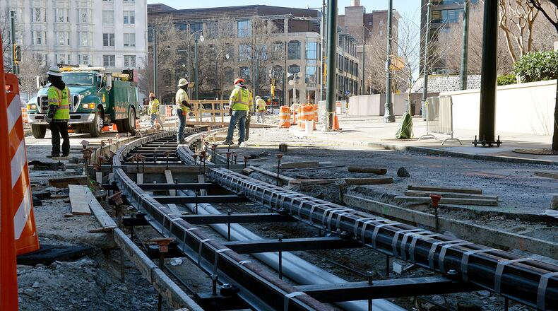 Trackwork still under construction along Auburn Ave near Woodruff Park. There will be two stops adjacent to the park. Photos along the route of the downtown streetcar, shot Thursday, February 27, 2014.